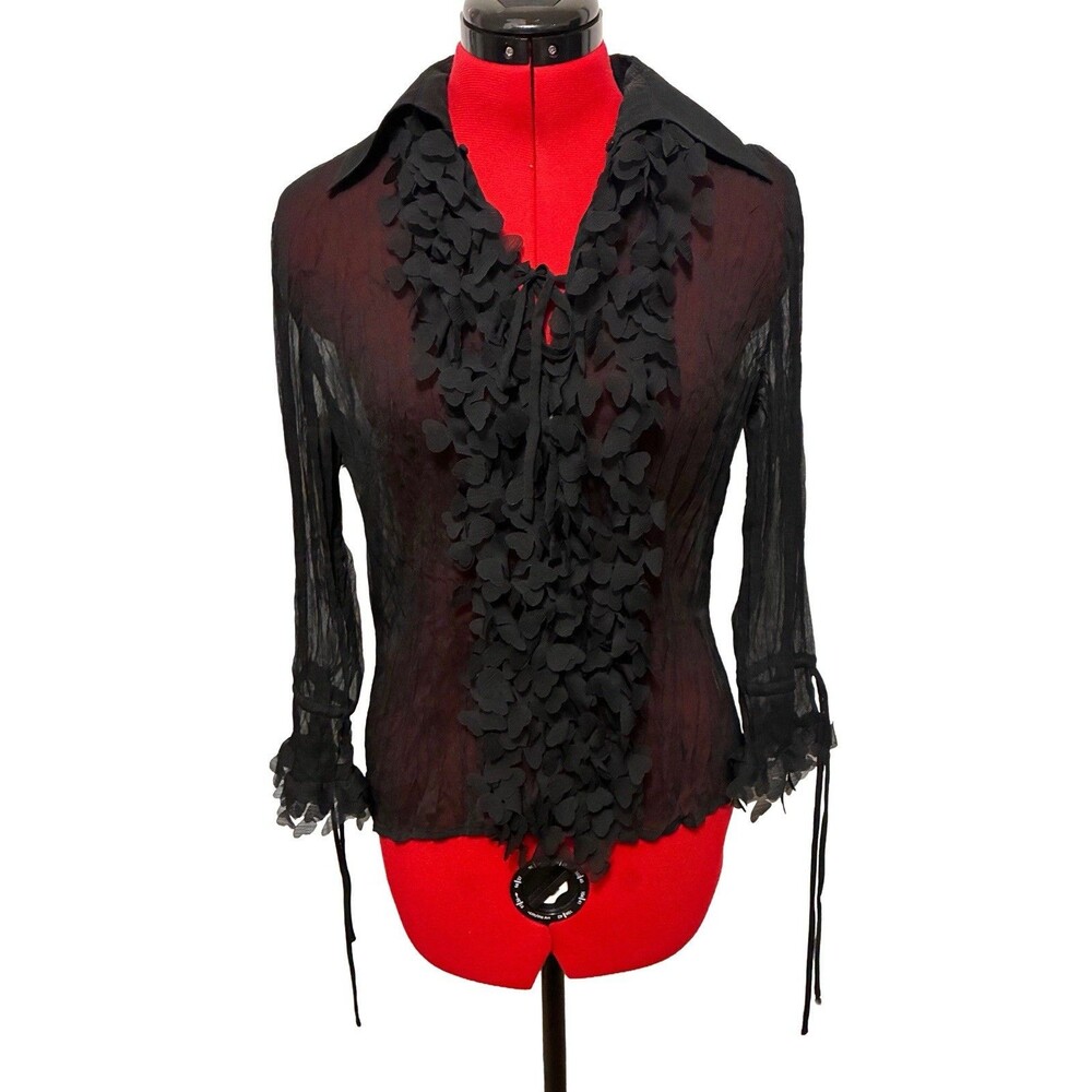 Jaipur Black Sheer Floral Applique Blouse Size Small